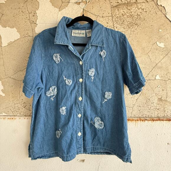 Denim Vintage Embroidered Button Up Shirt Floral 90s Cotton Top Medium - Picture 1 of 5